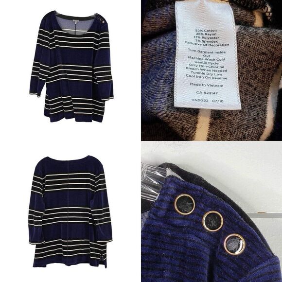 T by Talbots Top Women's Plus 2XP Navy Blue White Velour LS Pullover Sweatshirt - Picture 1 of 8